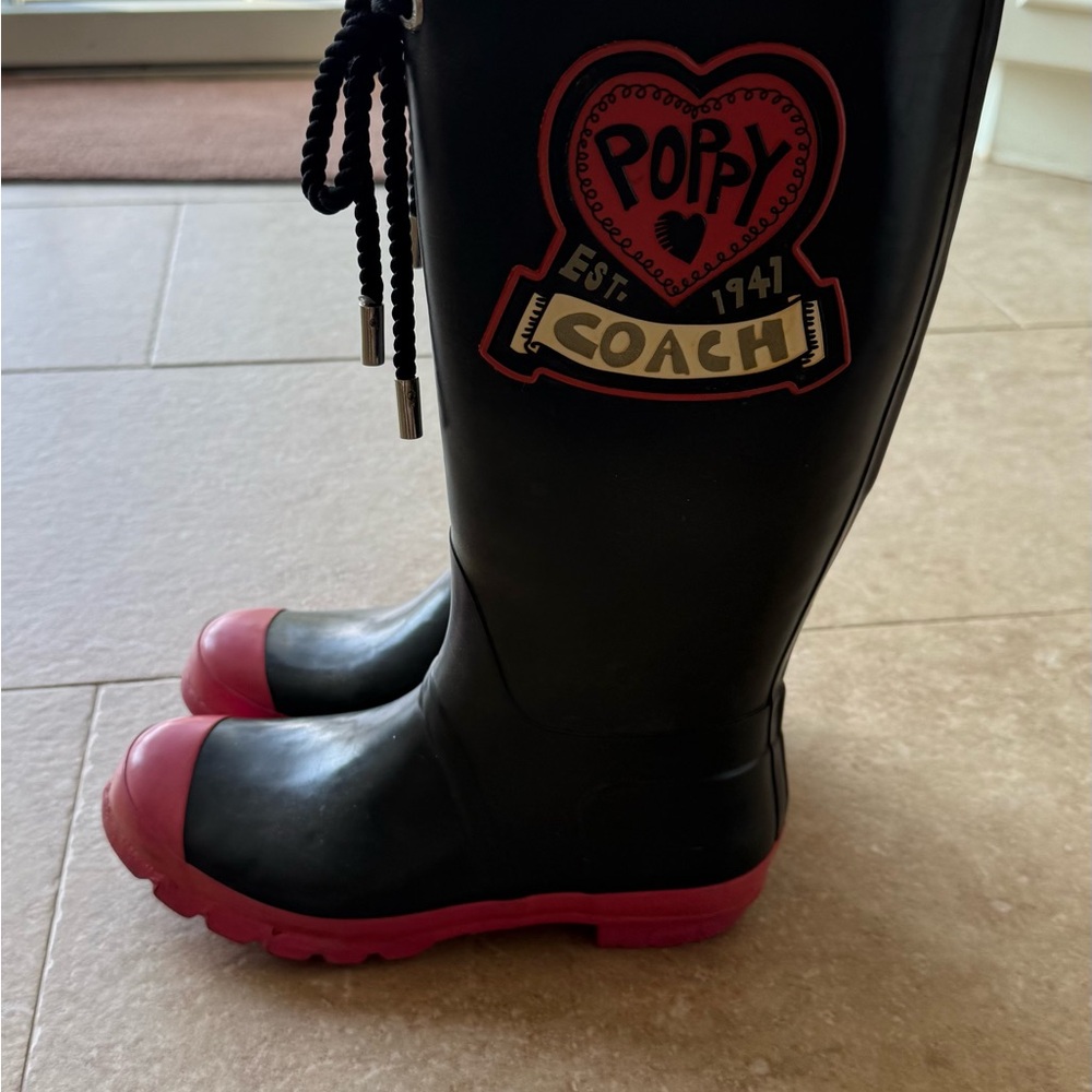 Coach Poppy Black and Hot Pink Rain Boots size 8.5
